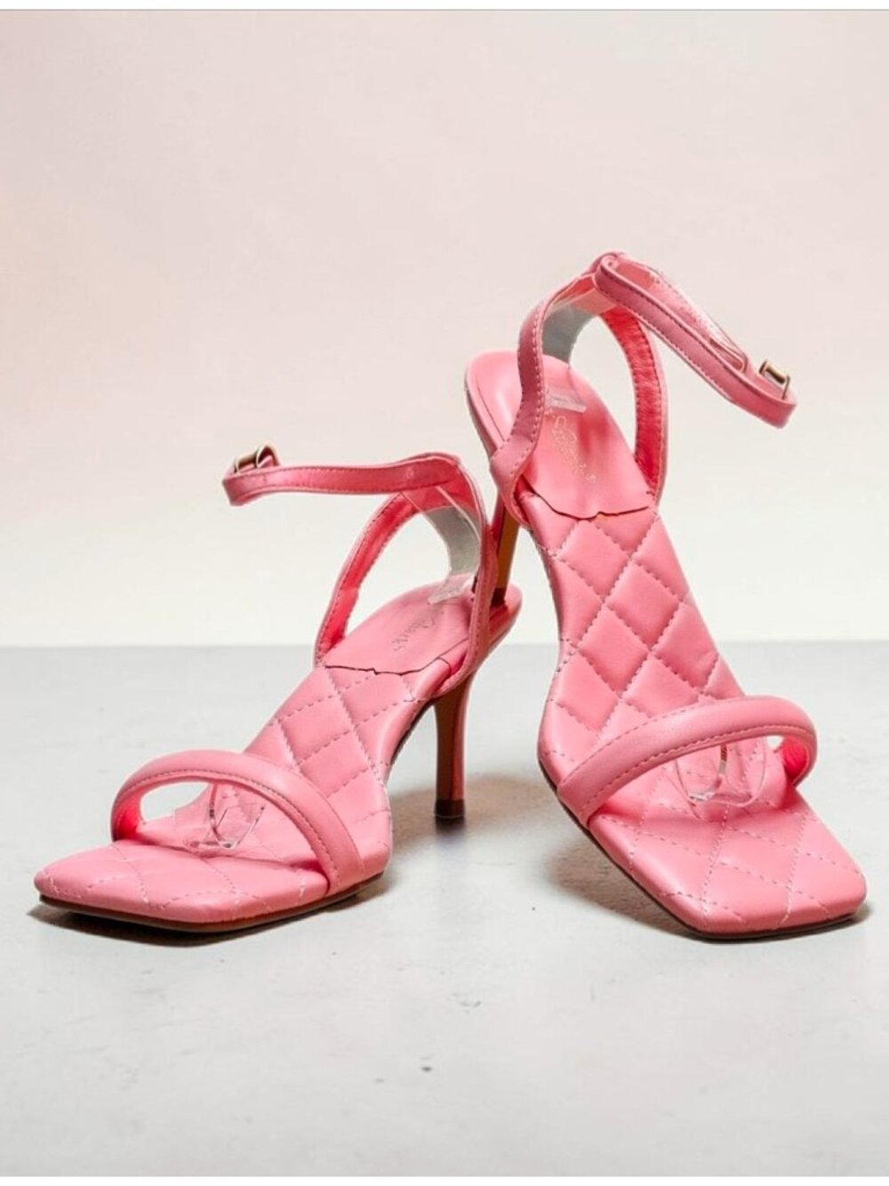 Quilted Pink Strappy Heels With Adjustable Ankle Strap & Square Toe Design Elega